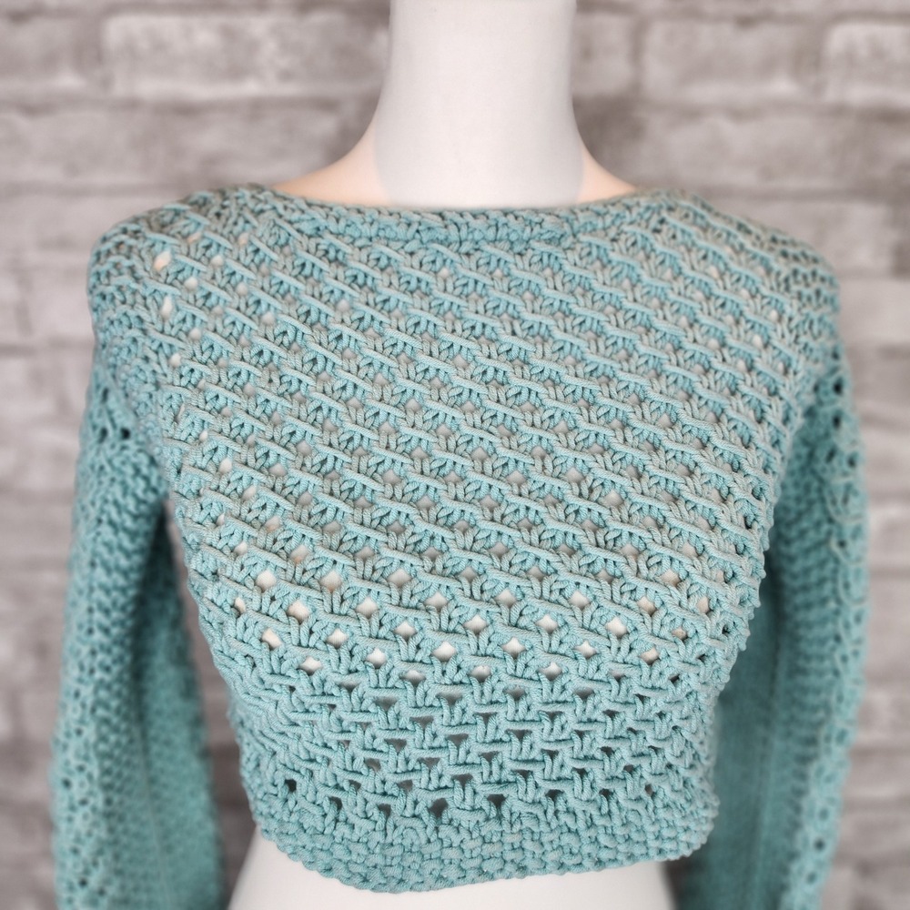 Handmade Open Knit Sweater Boutique Teal Boho‎ Grannycore Crop S/M